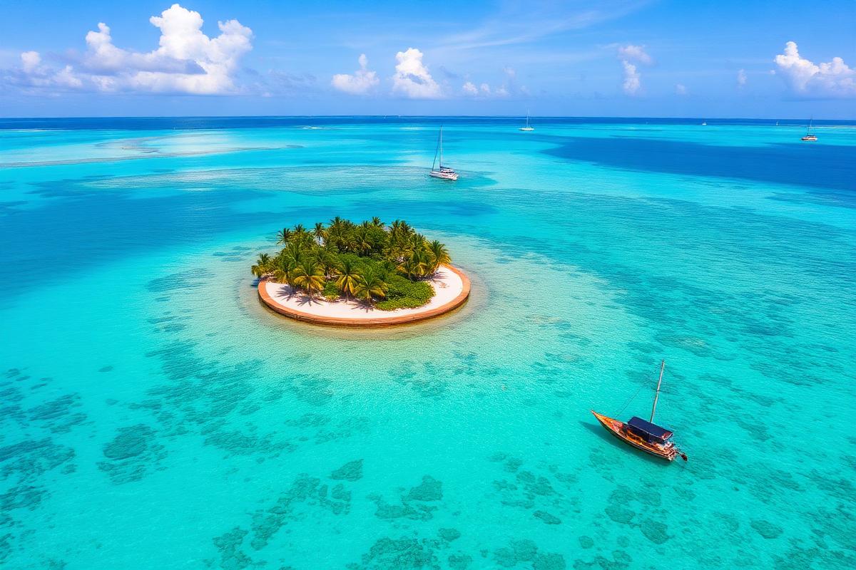 Turquoise Caribbean water and a palm covered island off the Colombian coast