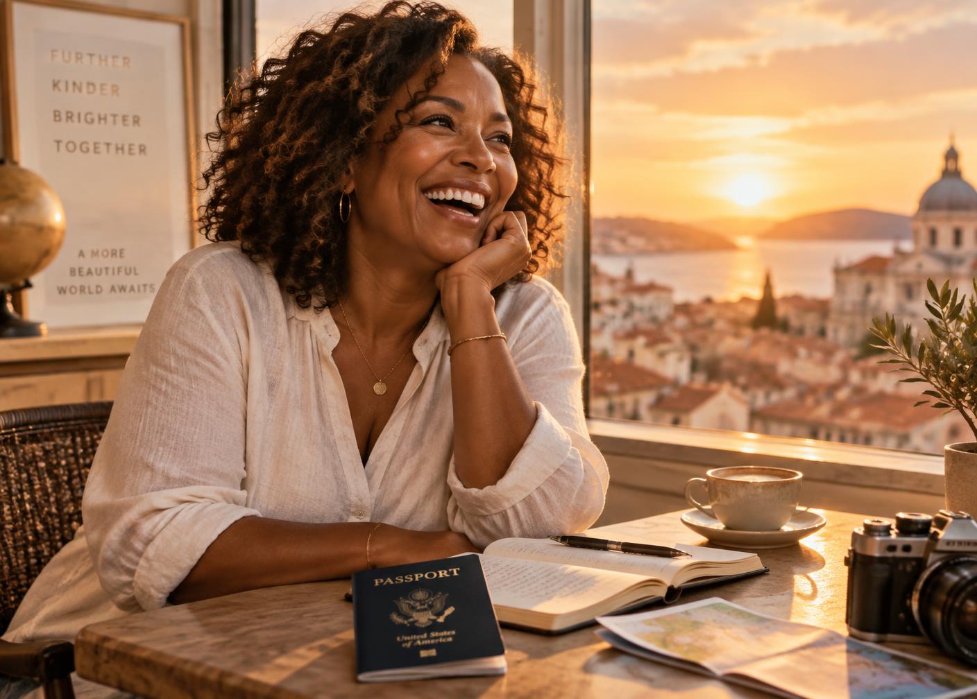 A traveler laughing by a sunlit window with her passport and notebook on the table