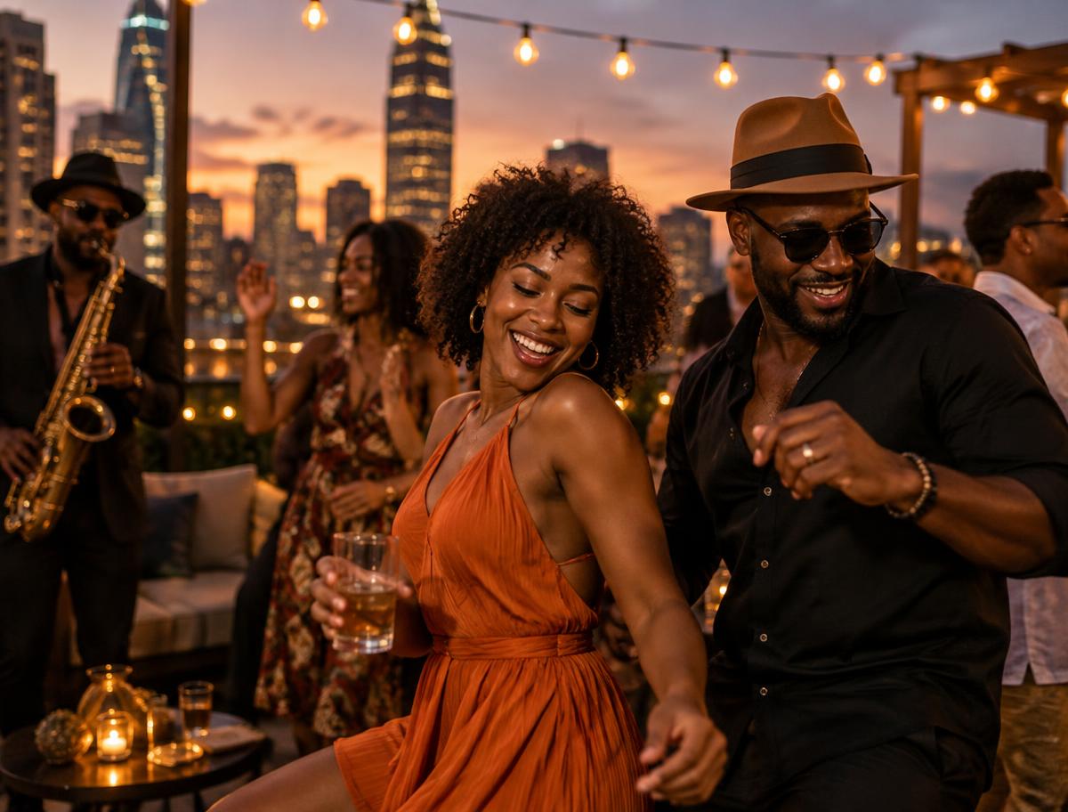 Travelers dancing at a rooftop evening celebration with live music