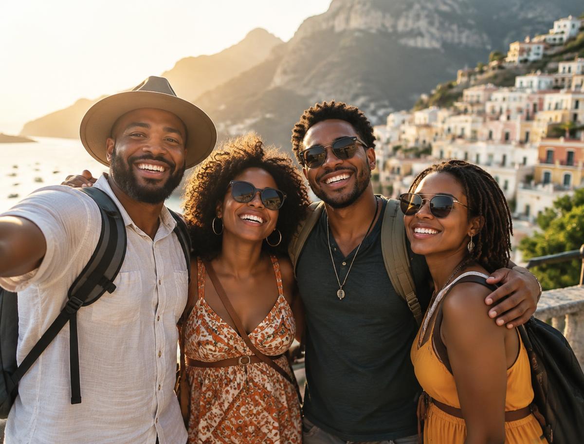 A group of travelers posing together in warm evening light on a hosted Maximum Impact week